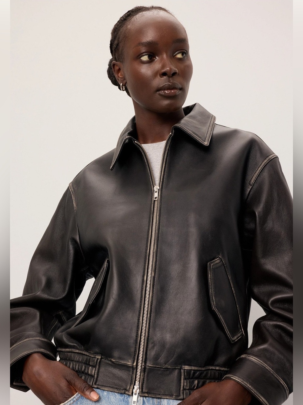 Classic Black Leather Zip Front Jacket